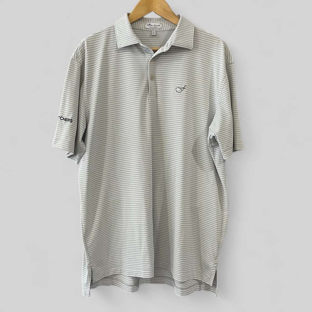 Peter Millar Polo Mens Large Gray White Striped Short Sleeve Scratchers